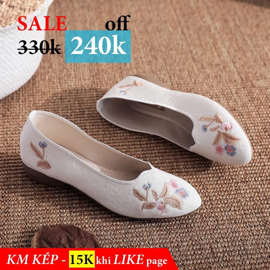 giày thêu hoa đế bệt không dây
