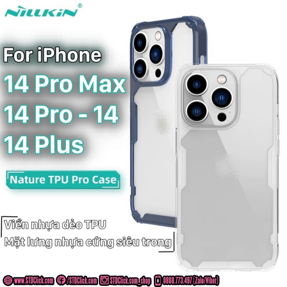 ỐP LƯNG DÀNH CHO ĐIỆN THOẠI IPHONE 14 - 14 PRO - 14 PLUS - 14 PRO MAX NILLKIN NATURE TPU PRO LƯNG KÍNH PC TRONG VIỀN DẺO