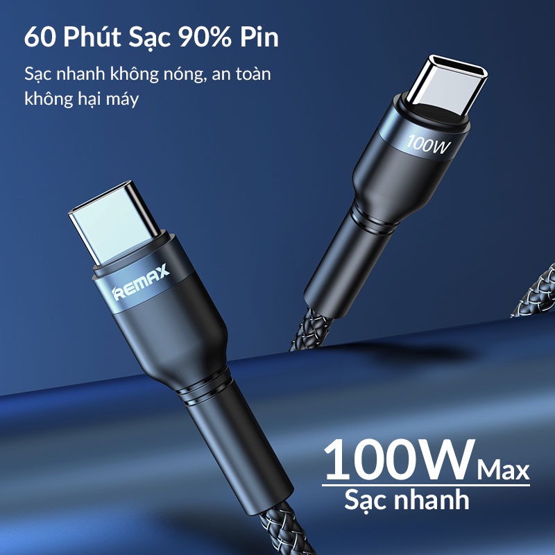 Cáp sạc nhanh ,truyền dữ liệu ,siêu bền Type C to Type C 100W Remax RC-172c tích hợp chip EMK chống giãn, chống xoay, chống uốn cong - Hàng chính hãng