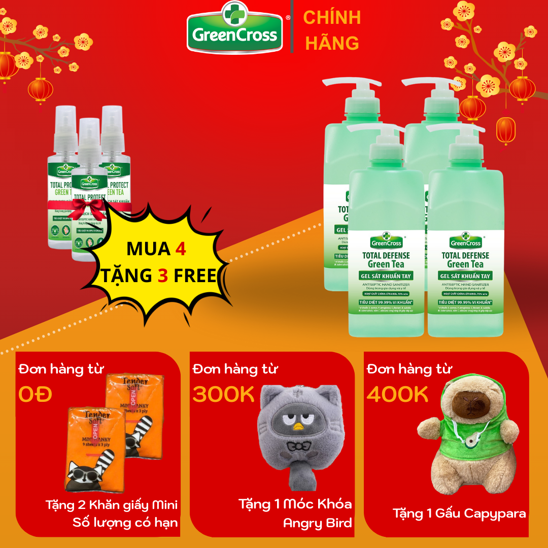 Combo 4 Chai GEL rửa tay sát khuẩn tay bảo vệ toàn diện Green Cross Total Defense 500ml