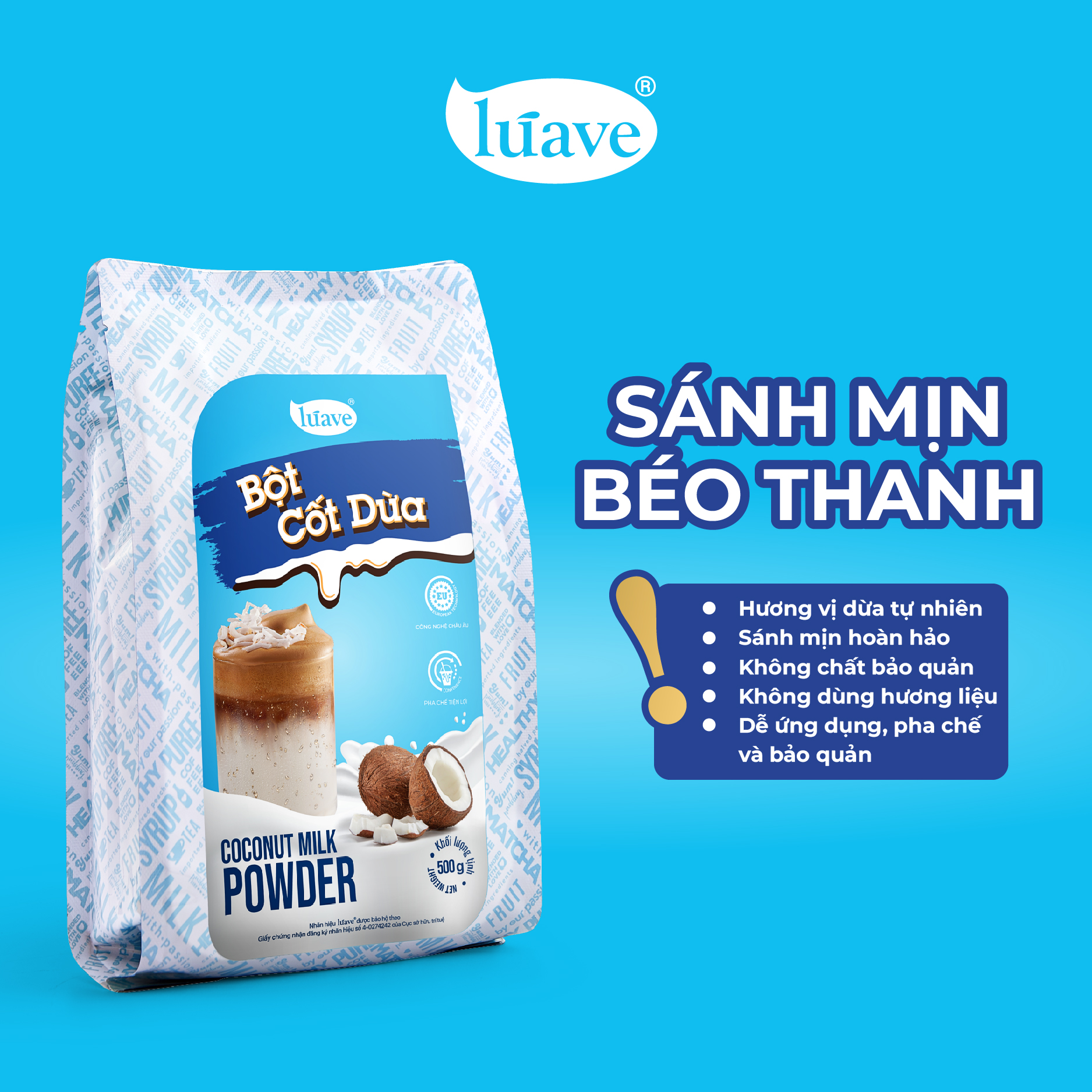 Bột cốt dừa Lúave 500g (Bột sữa dừa) - Pha chế, làm bánh, làm kem, làm rau câu,...