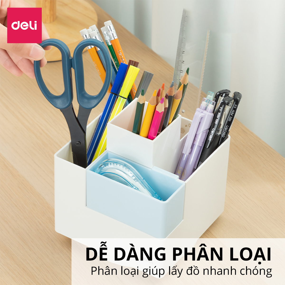 Hộp đựng bút Deli, ống đựng bút xoay 360 độ 4 tầng 6 ngăn màu pastel decor trang trí bàn học dùng cắm bút viết, đồ văn phòng phẩm, hộp đựng cọ trang điểm