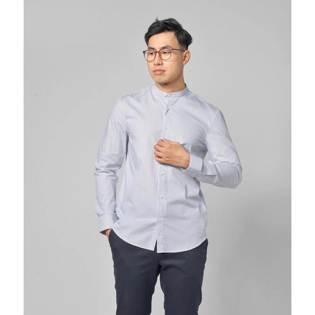 Áo Sơ mi cổ trụ nam màu trắng kẻ sọc xanh navy form fitted - 10F20SHL025 - Shop LASTORE