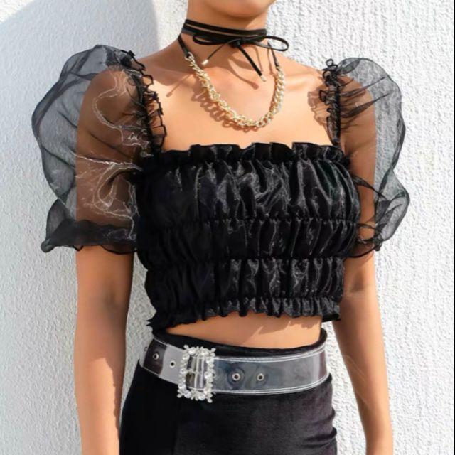 Áo nhún croptop bồng tay lưới kiếng