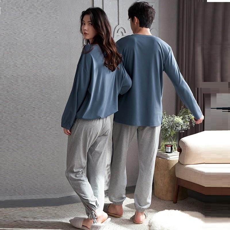 Bộ dài nữ mặc nhà thun cotton màu xanh ghi bo gấu vai buông