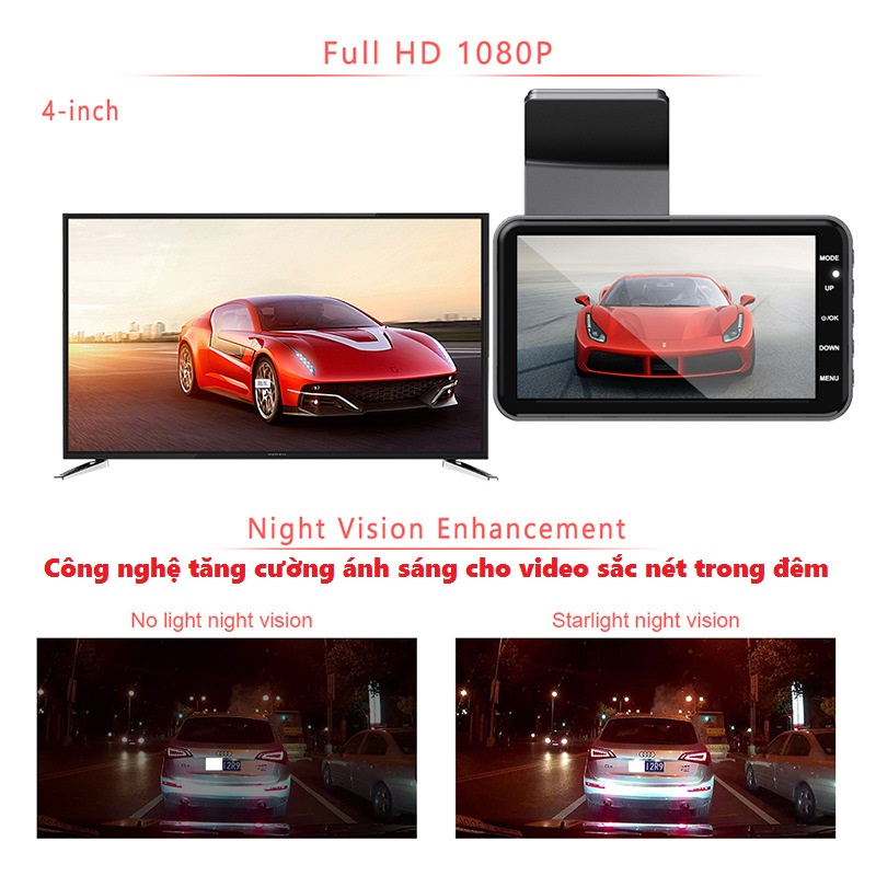 Camera hành trình WiFi cao cấp V-95 Màn Hình Cảm Ứng 4 Inch Night VíSion tích hợp cam kép trước sau - Xem trên điện thoại qua APP - Độ phân giải 1080P sắc nét , WIFI.phát hiện chuyển động