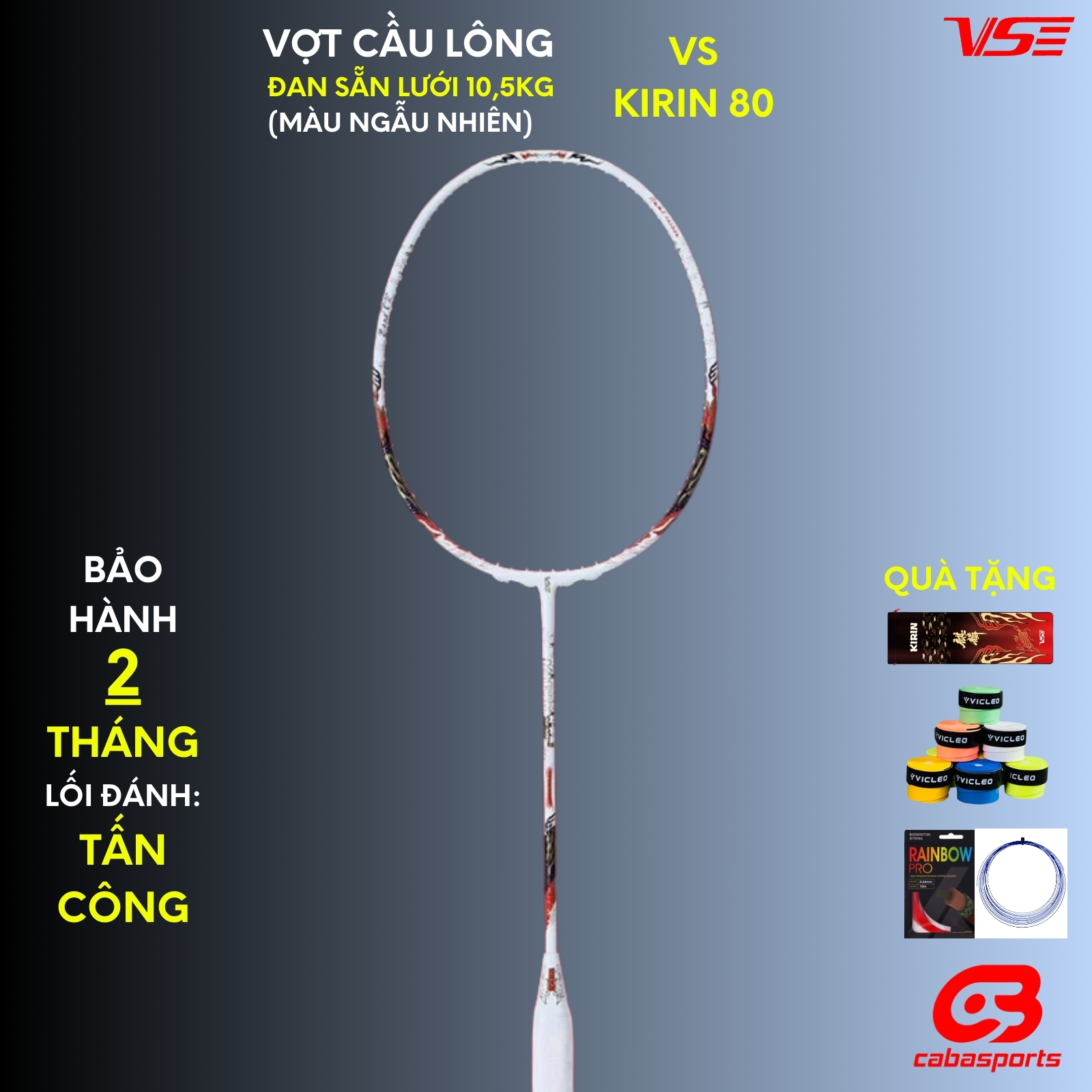 Vợt cầu lông VS Kirin 80 nội địa đã đan lưới 10.5kg chuyên công mạnh mẽ Bảo hành khung vợt 02 tháng