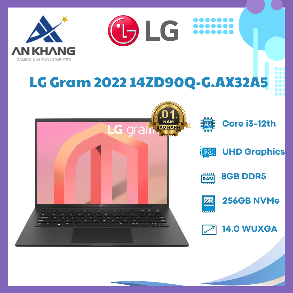 Laptop LG Gram 2022 14ZD90Q-G.AX32A5 (i3-8G-256-14WUXGA-UHD-Black-NoOS) - Hàng Chính Hãng - Bảo Hành 12 Tháng