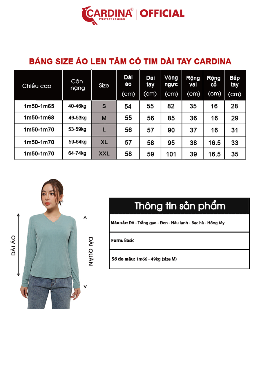 Áo Len Tăm Nữ CARDINA Chất Mềm Mịn Cổ Tim Dài Tay Kiểu Dáng Bacis Tôn Vóc Dáng 2AF26 (Không Kèm Quần)