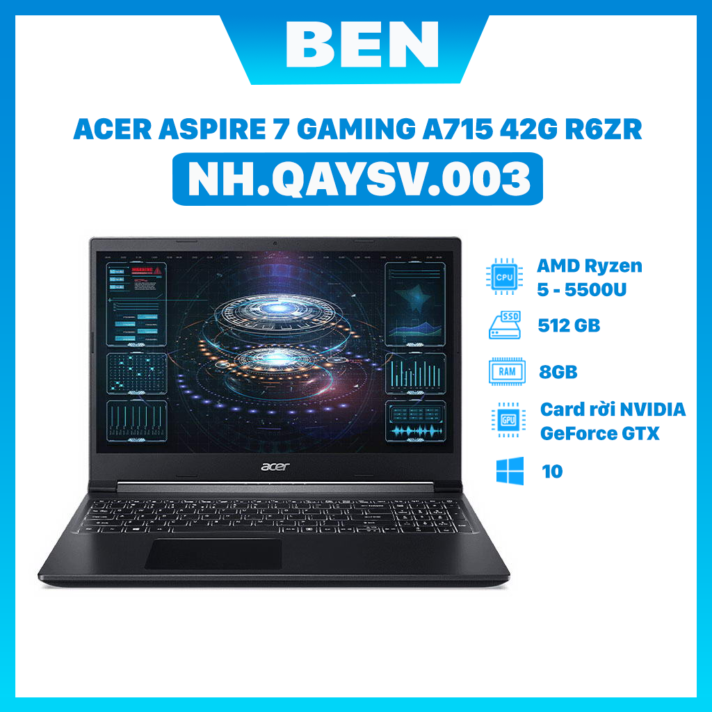 Laptop Acer Gaming Aspire 7 A715-42G-R6ZR (NH.QAYSV.003) (R55500U/8GB RAM/512GB SSD/15.6 inch FHD 144Hz/GTX1650 4G/Win10/Đen) - Hàng chính hãng