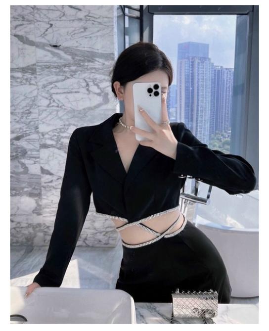 ĐẦM SET ÁO CROPTOP BLAZER / VEST ĐEN DÂY BUỘC EO CƯỜM NHŨ KIM TUYẾN CỔ SƠ MI+ CHÂN VÁY NGẮN MINI ĐI TIỆC ĐI CHƠI DẠO PHỐ