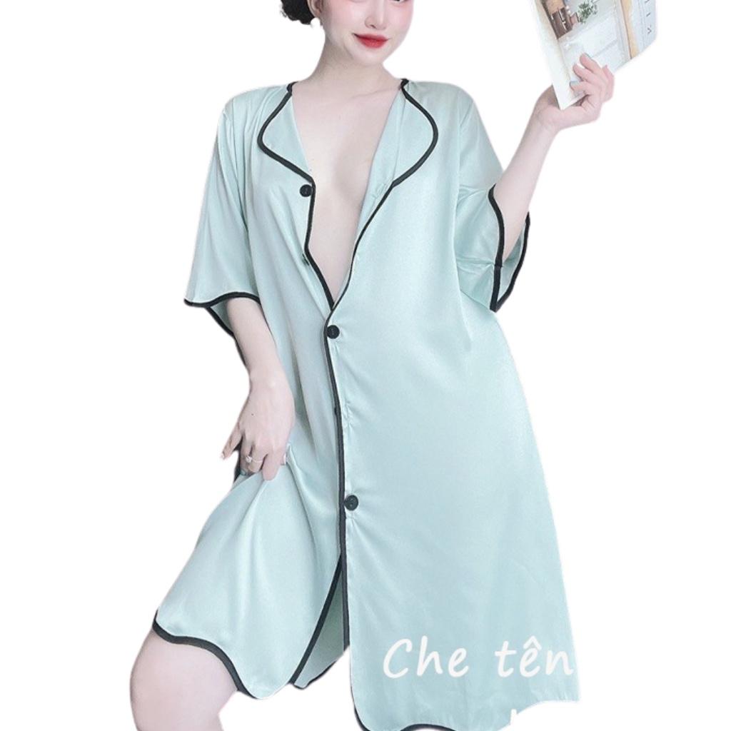 Váy ngủ sexy ️Kèm Quần️ Đầm Nữ lụa Satin Chất Siêu Mát Dáng Xinh Bộ Mặc Nhà Pijama Cổ Sơ Mi G5