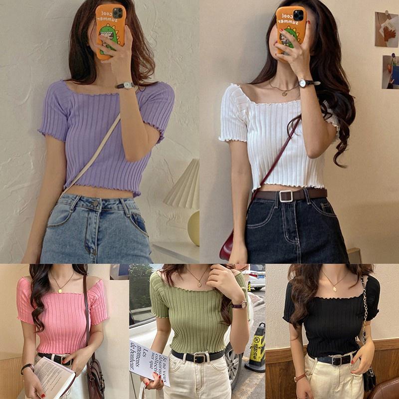 Áo hở vai nữ croptop len tăm ngắn tay