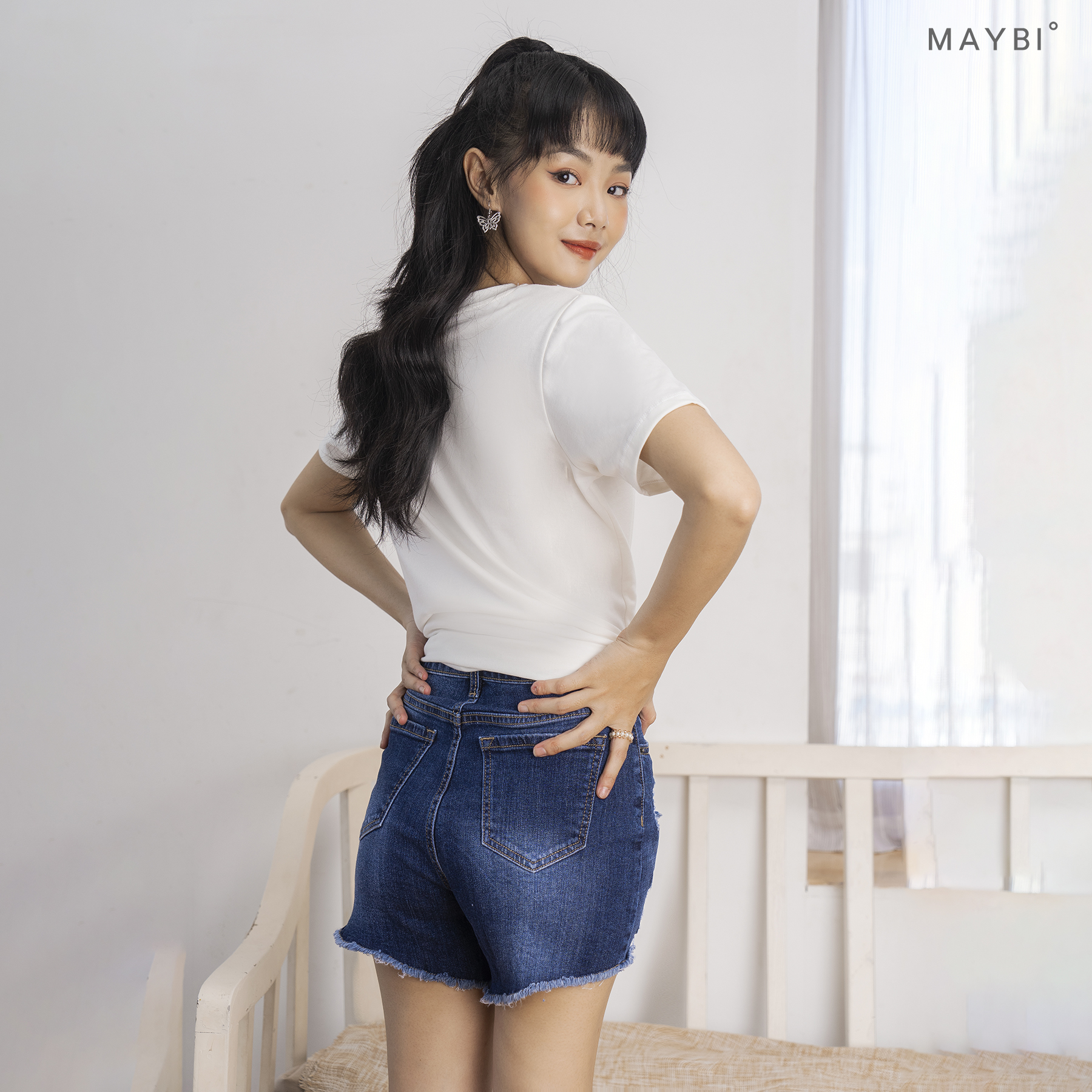 MAYBI - Quần short jean xanh đậm