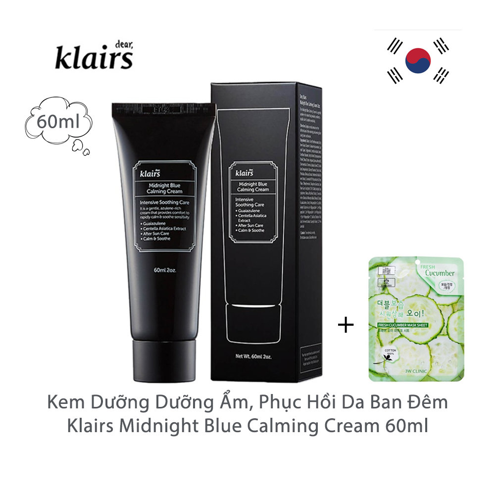 Kem Dưỡng Làm Dịu và Phục Hồi Da Klairs Midnight Blue Calming Cream 60ml + Tặng Kèm 1 Mặt Nạ Dưỡng Da Dưa leo 3W Clinic