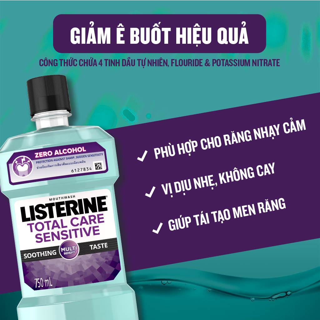 Bộ 2 Nước súc miệng cho răng nhạy cảm Listerine Total Care Sensitive Soothing Taste 750ml/chai