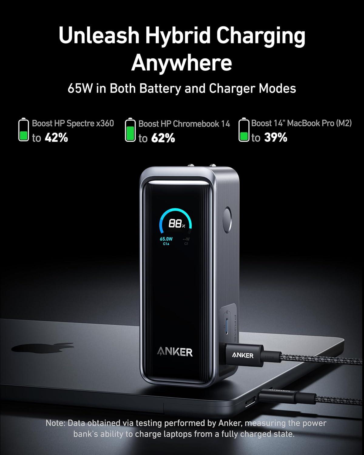 Sạc dự phòng Anker Prime Fusion 2C 65W 9600mah (Built-In USB-C Cable) Đen (Black) A1339 - Hàng Chính Hãng