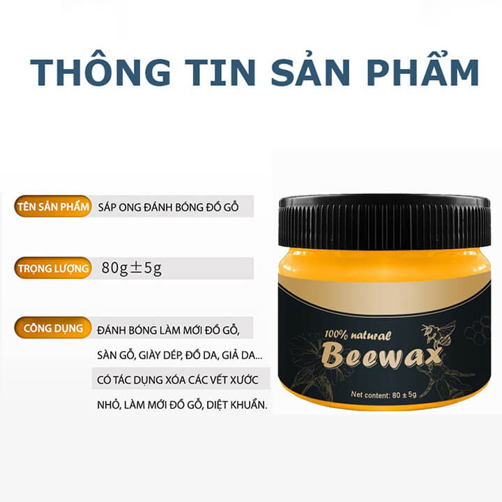 Sáp ong đánh bóng đồ gỗ Beewax 80gr, sáp tự nhiên làm bóng bàn ghế gỗ, tủ gỗ, lau sàn gỗ đa năng phục hồi màu gỗ, vết xước