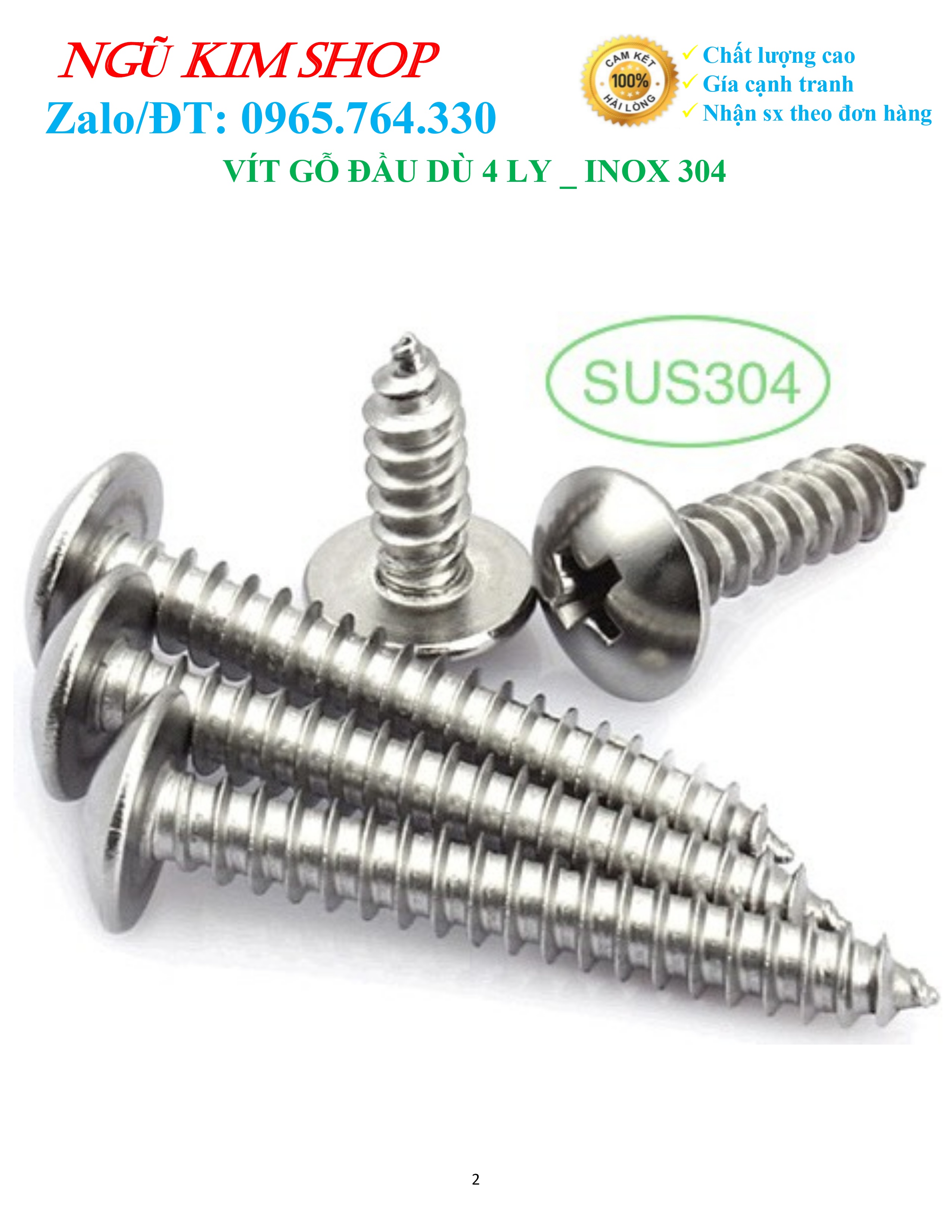 VÍT GỖ ĐẦU DÙ 4 LY _ INOX 304