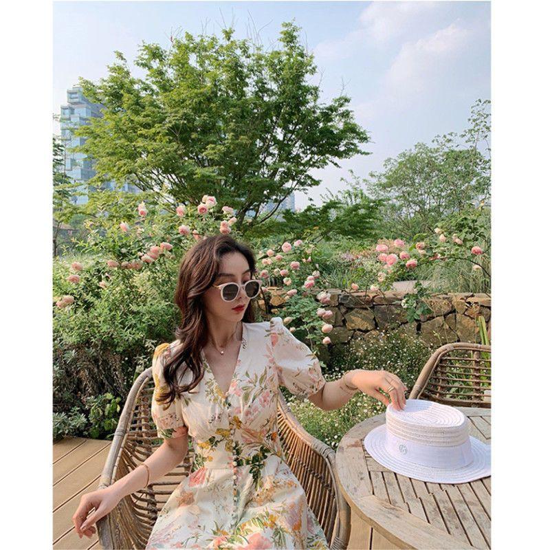 TOBE1SHOP 2023 Xuân/Hè Jumpsuit Nữ dài tay áo Hàn Quốc V cổ đèn lồng tay áo đầm in váy cao eo rộng chân quần