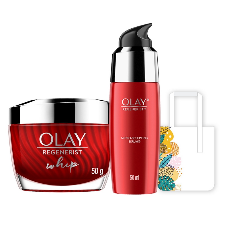 Bộ 2 sản phẩm chống lão hóa hoàn hảo Olay Regenerist Advance Anti Aging: Kem dưỡng ẩm Whips 50g + Tinh Chất Vi Dưỡng Olay Regenerist 50ml [Tặng Túi Tote Thiết Kế Mới]