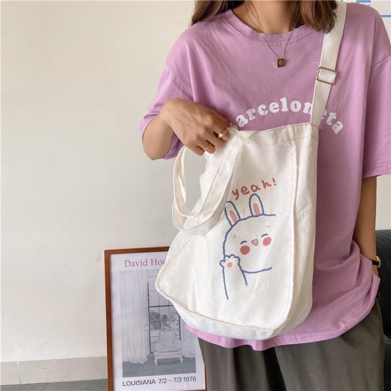 Túi Tote Túi Vải Canvas đeo vai YeahHappy siêu cute mang được 2 kiểu tiện lợi có dây kéo và ngăn phụ