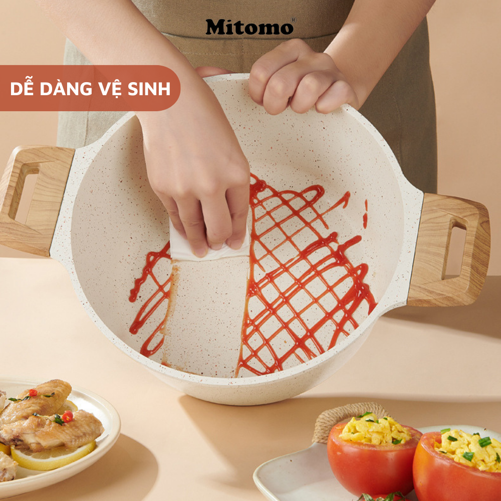 Set nồi chảo 4 món tráng đá chống dính Mitomo Granite có nắp đậy nấu ăn tiện dụng phù hợp với mọi loại bếp