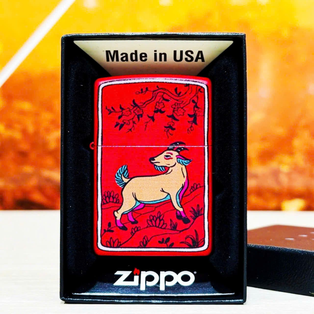 Bật lửa Zippo Year of the Goat - Phiên Bản 12 Con Giáp (Tuổi Mùi) Thiết Kế Việt Nam, Sơn Tĩnh Điện Đỏ May Mắn Chính Hãng