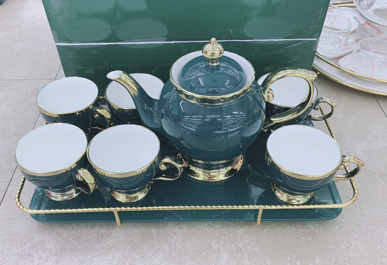 BỘ ẤM CHÉN  PHA TRÀ SỨ TEA SET KÈM KHAY MÀU XANH CỔ VỊT KHUNG KIM LOẠI MẠ VÀNG PHONG CÁCH ÂU SANG TRỌNG - ANTH434