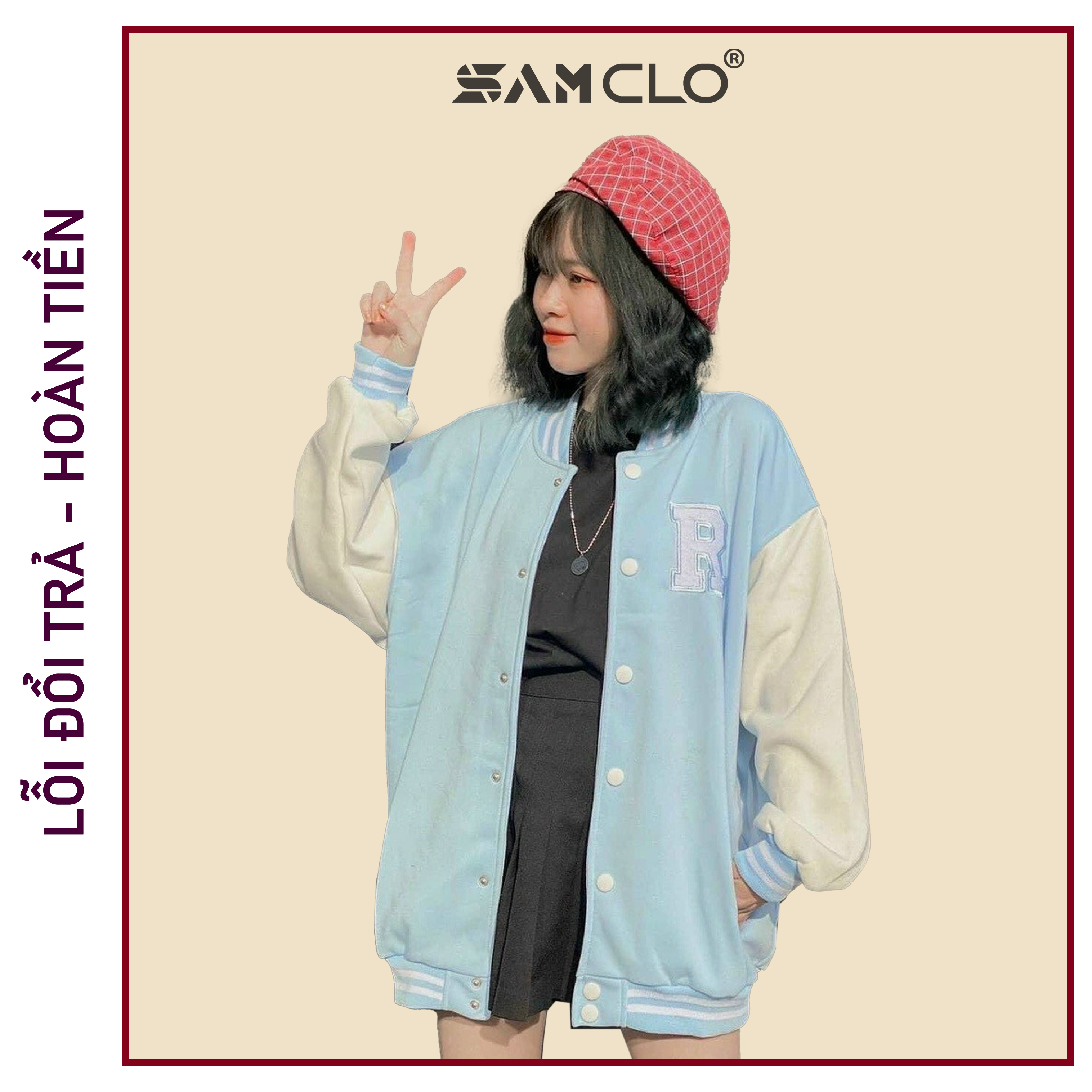 ÁO KHOÁC BOMBER nữ SAM CLO chất nỉ phong cách bóng chày cài nút form rộng unisex mặc cặp - couple LOGO thêu chữ R