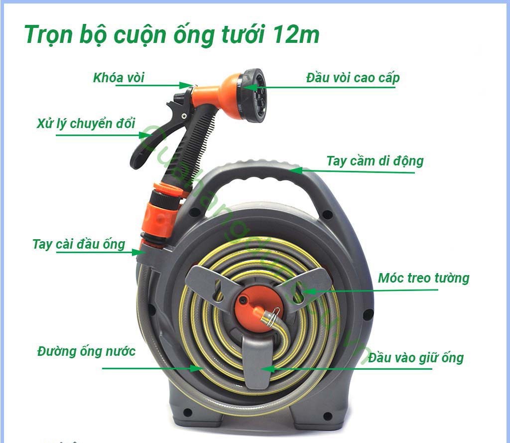 Bộ Vòi Rửa Xe Tưới Cây Thu Cuộn Ống Nước 12m Kèm Đầu Xịt Tăng Áp 6 Chế Độ - Hàng Chính Hãng