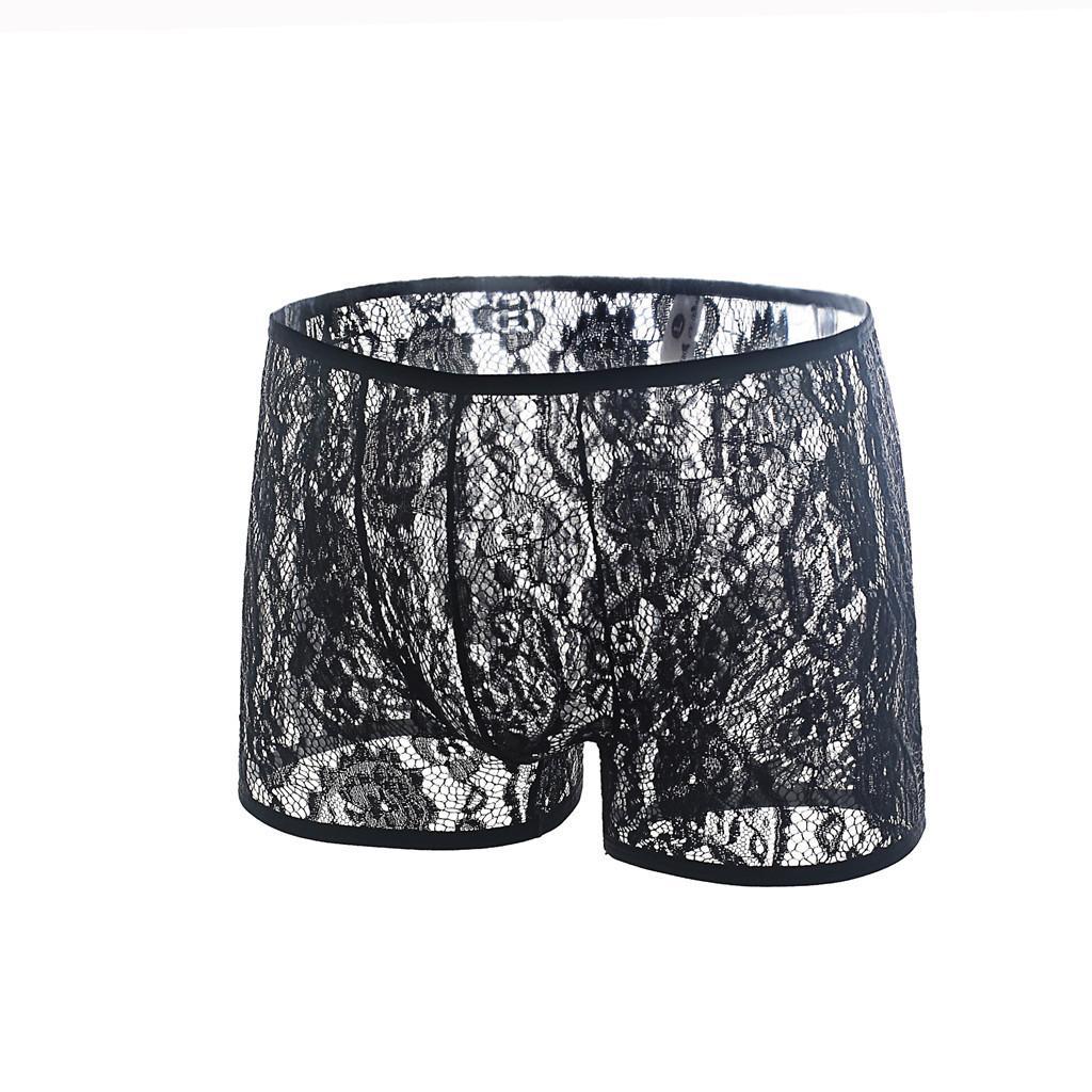Men's Lace Briefs Slip Tangs Underpants Underwear Men Sexy See Through Shorts Embroider Clubwear Underpants Black M
