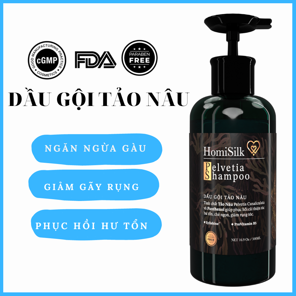 Dầu Gội Tảo Nâu - Pelvetia Shampoo- 500ML- Làm Sạch Gàu, Ngăn Ngừa Rụng Tóc,  Nuôi Dưỡng Phục Hồi Tóc Hư Tổn- Homisilk