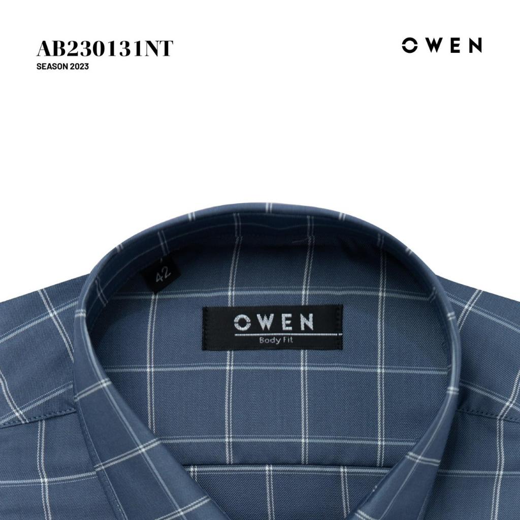 OWEN - Áo Sơ mi ngắn tay Owen vạt ngang chất sợi tre xanh ghi kẻ ô 230131