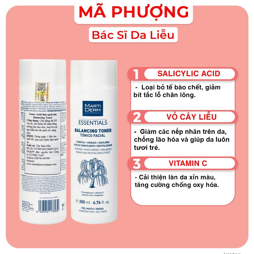 Nước Cân Bằng Làm Sạch Chứa BHA &amp; Prebiotics MartiDerm Essentials Balancing Toner 200ml