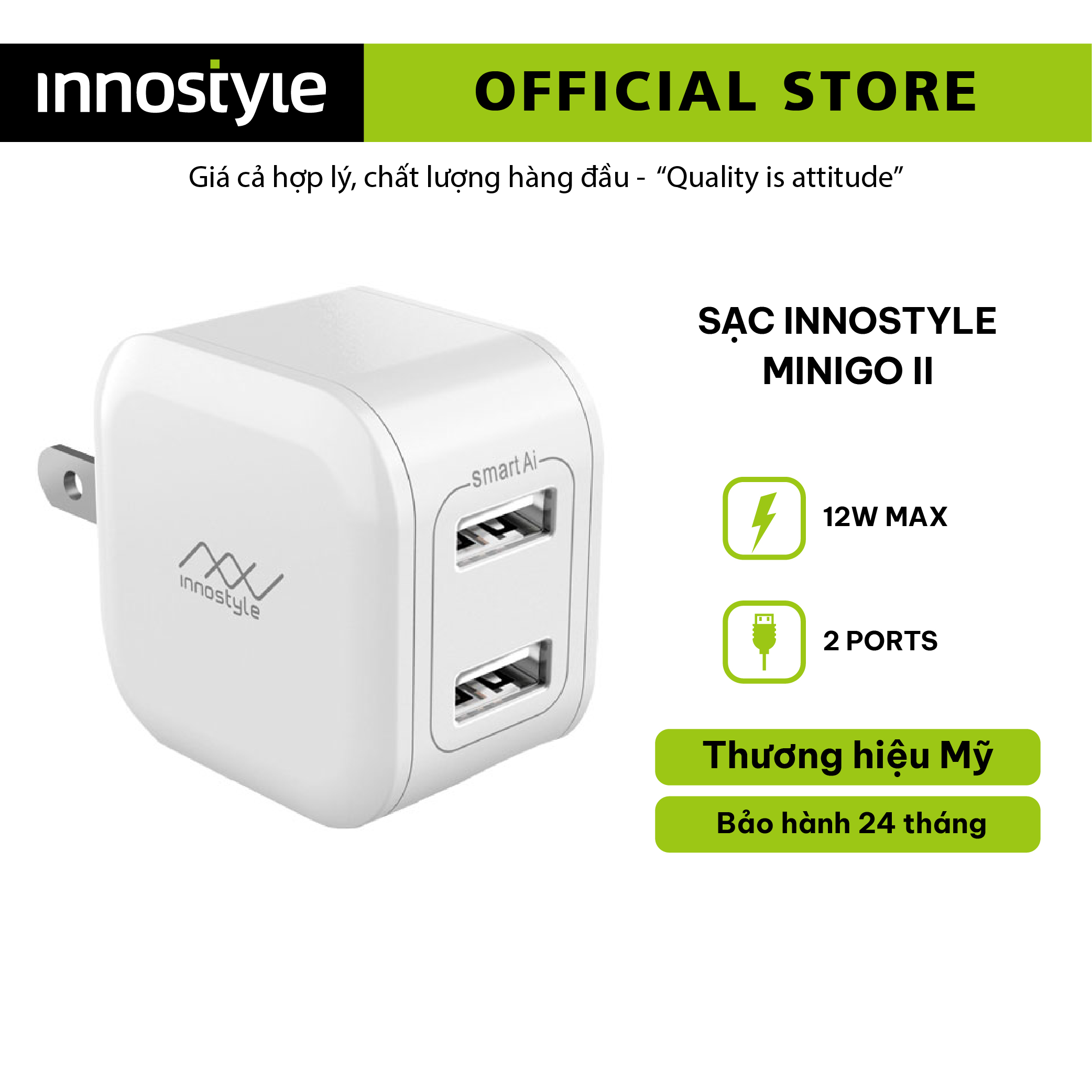 SẠC INNOSTYLE MINIGO 2 USB A 12W SMART AI CHARGING – IC12SA - HÀNG CHÍNH HÃNG - Ver 1