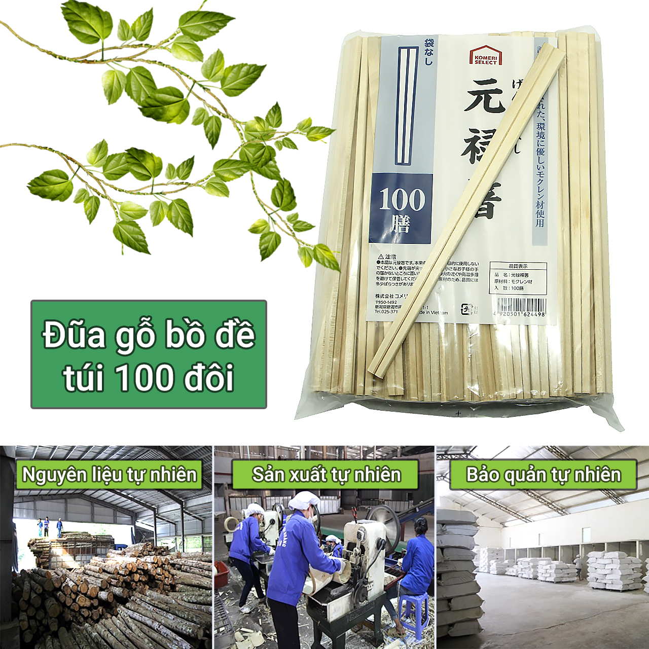 5 Túi đũa gỗ bồ đề đã luộc sấy khử trùng xuất Nhật (1 túi 100 đôi)