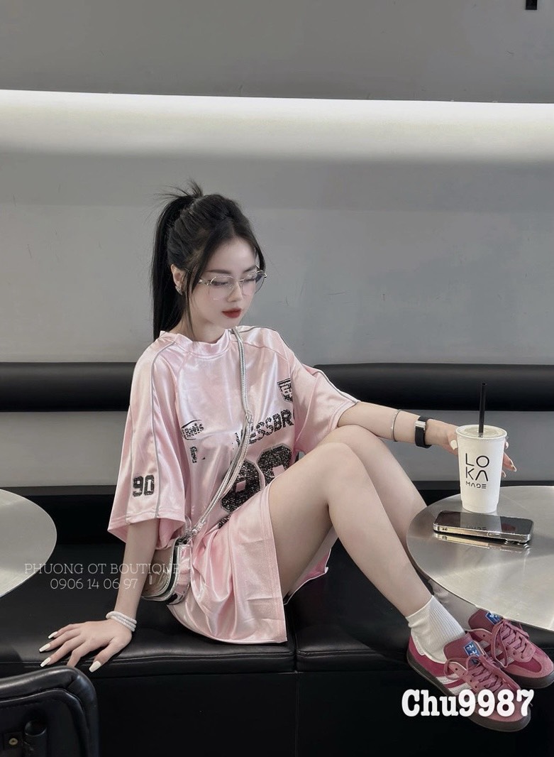 Áo phông nam nữ form rộng 2N Unisex thun thể thao số 90 màu hồng/xám