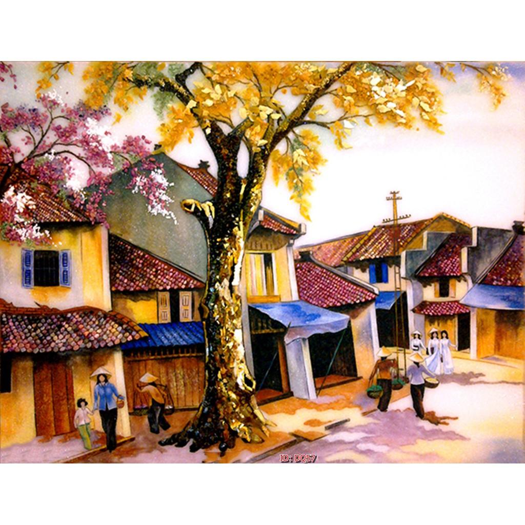 Tranh dán tường Tranh đồng quê những ngôi nhà thơ mộng nhộn nhịp, tranh dán tường 3d hiện đại - tích hợp sẵn keo