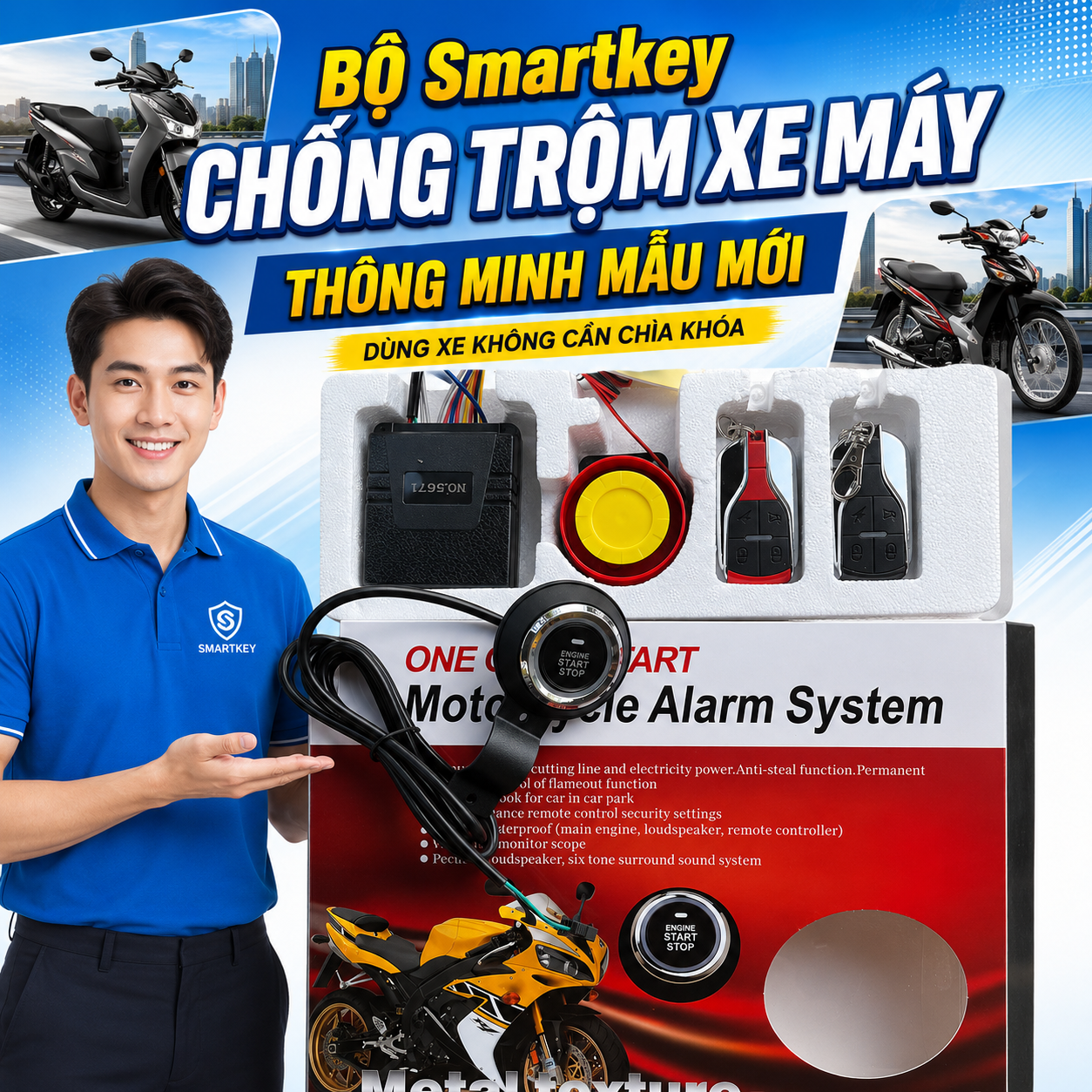 Bộ Smartkey Chống Trộm Xe Máy Thông Minh Mẫu Mới – Khởi Động Không Cần Chìa Khóa, Báo Động Cực Nhạy