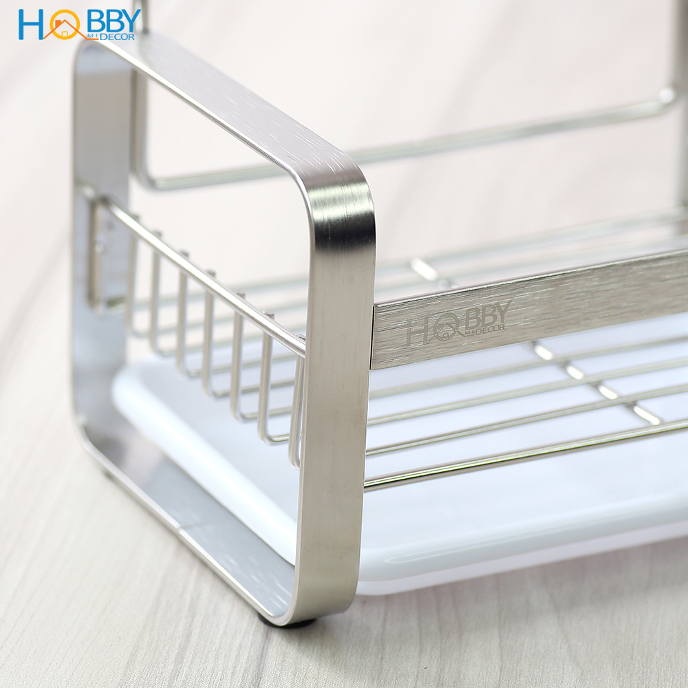 Kệ đựng đồ rửa chén có thanh treo khăn lau bếp HOBBY KRC3 Inox 304 khay hứng nước - có miếng dán và keo Sealant fix