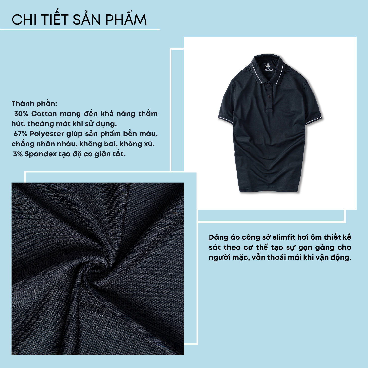 Áo thun có cổ nam màu đen phối viền ADINO vải polyester cotton mềm mịn dáng slimfit công sở trẻ trung AP95