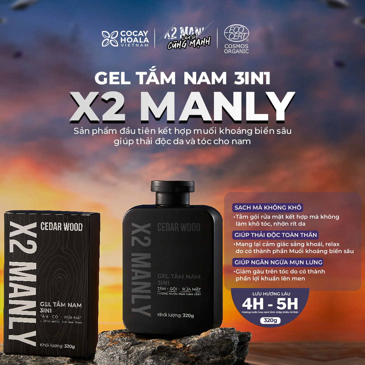 Gel Tắm Nam X2 Manly 3n1 Cocayhoala - Sữa tắm gội toàn thân hương nước hoa nam tính - 320g