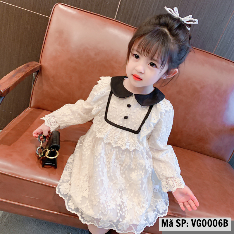 Váy bé gái thu đông vải ren lót nhung màu trắng Mixi Kids VG0006B