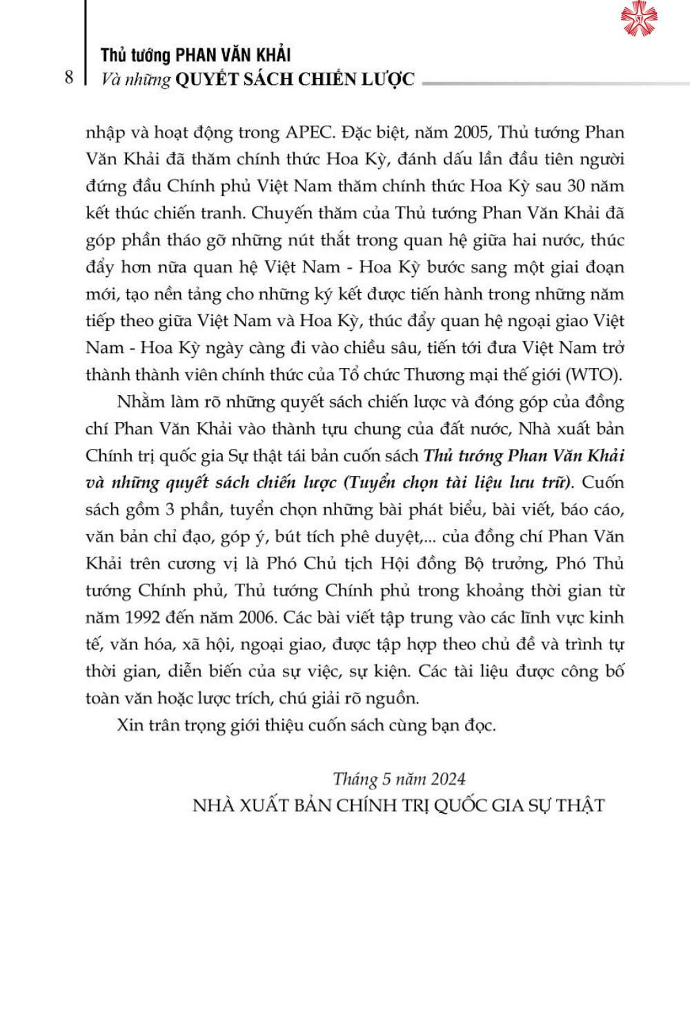 Thủ tướng Phan Văn Khải và những quyết sách chiến lược (Tuyển chọn tài liệu lưu trữ) xuất bản lần thứ hai - bản in 2024