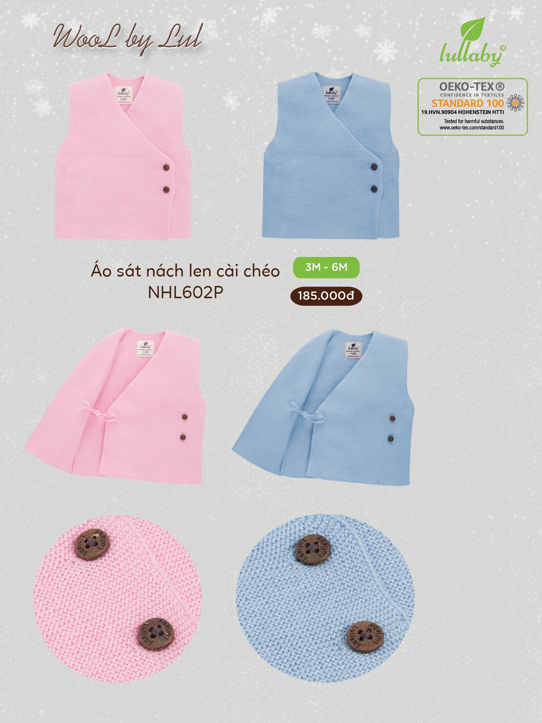 Áo gile len sơ sinh cài chéo Lullaby NHL602P, áo ghile len cotton siêu mềm mịn