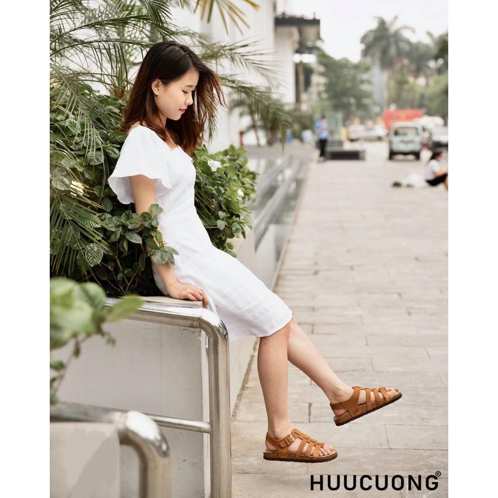 Sandal Unisex HuuCuong chiến binh da bò nâu đế trấu handmade