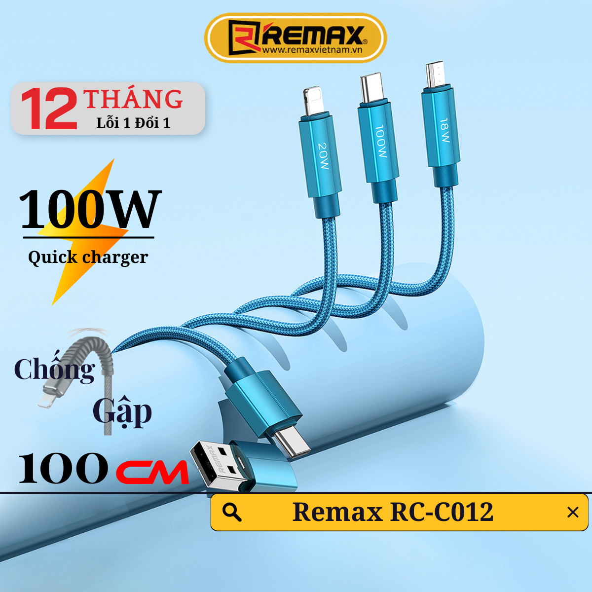 Cáp sạc nhanh đa năng 3in2 100W Remax RC-C012 Dây Sạc Nhanh 3 Đầu Đa Năng IP-Micro-TypeC Bọc Nylon chống đứt gãy - Hàng Chính Hãng