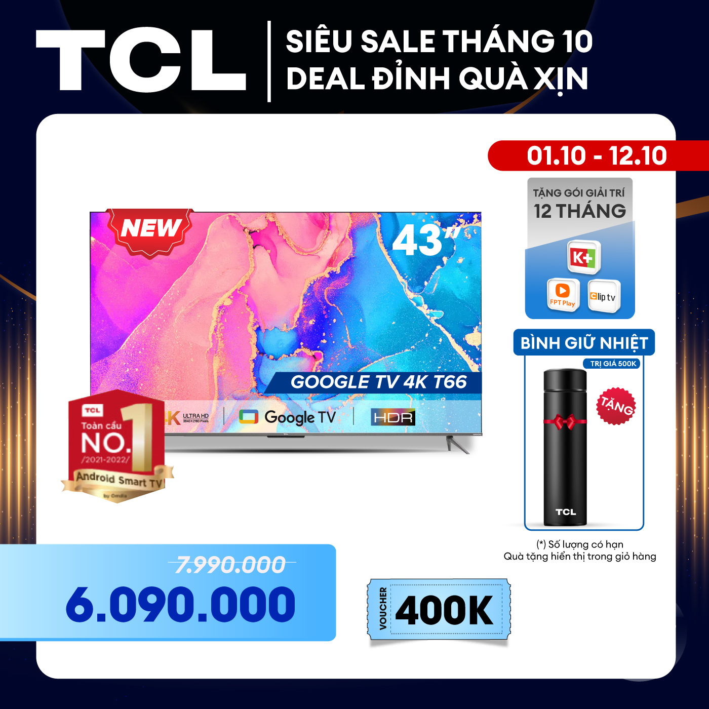 GOOGLE Tivi 43'' 4K HDR - TCL 43T66 - Gam Màu Rộng Dolby Audio - Tivi Giá Rẻ Chất Lượng -Hàng chính hãng