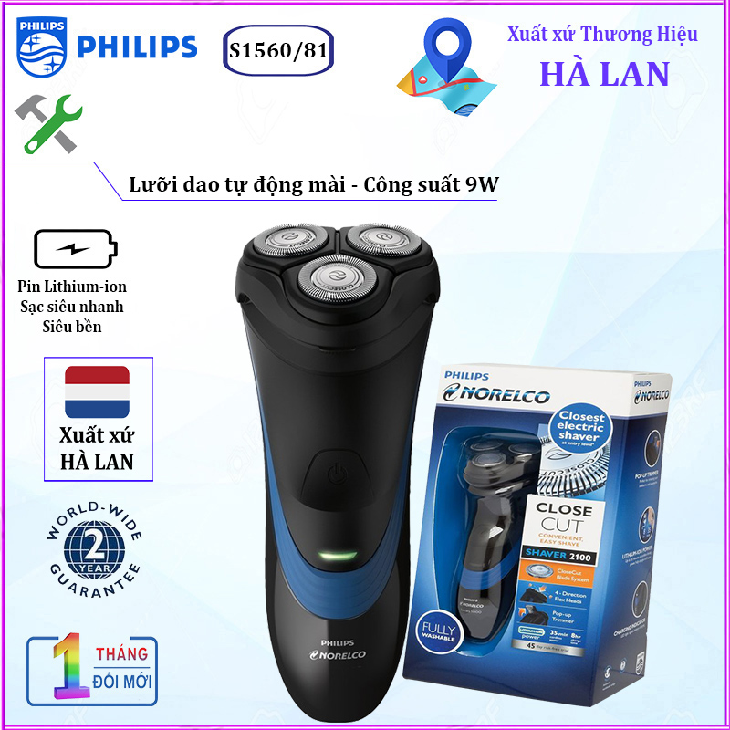 Máy cạo râu ba lưỡi tròn khô và ướt 2 trong 1 Philips Norelco S1560/81 Shaver 2100, thiết kế cả lưỡi cạo thẳng phần lưng máy- Hàng chính hãng